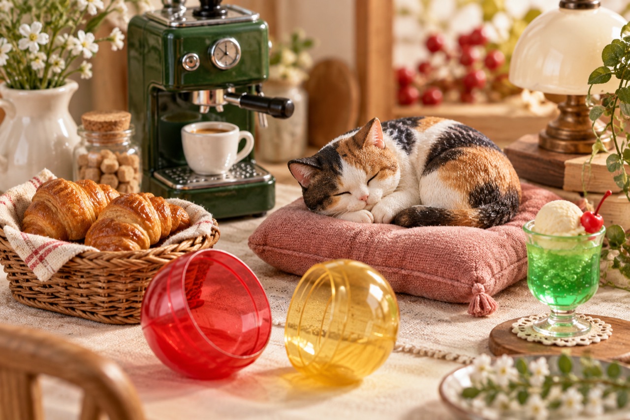 眠る猫やパン、喫茶店のミニチュアと色とりどりのカプセルのイメージ